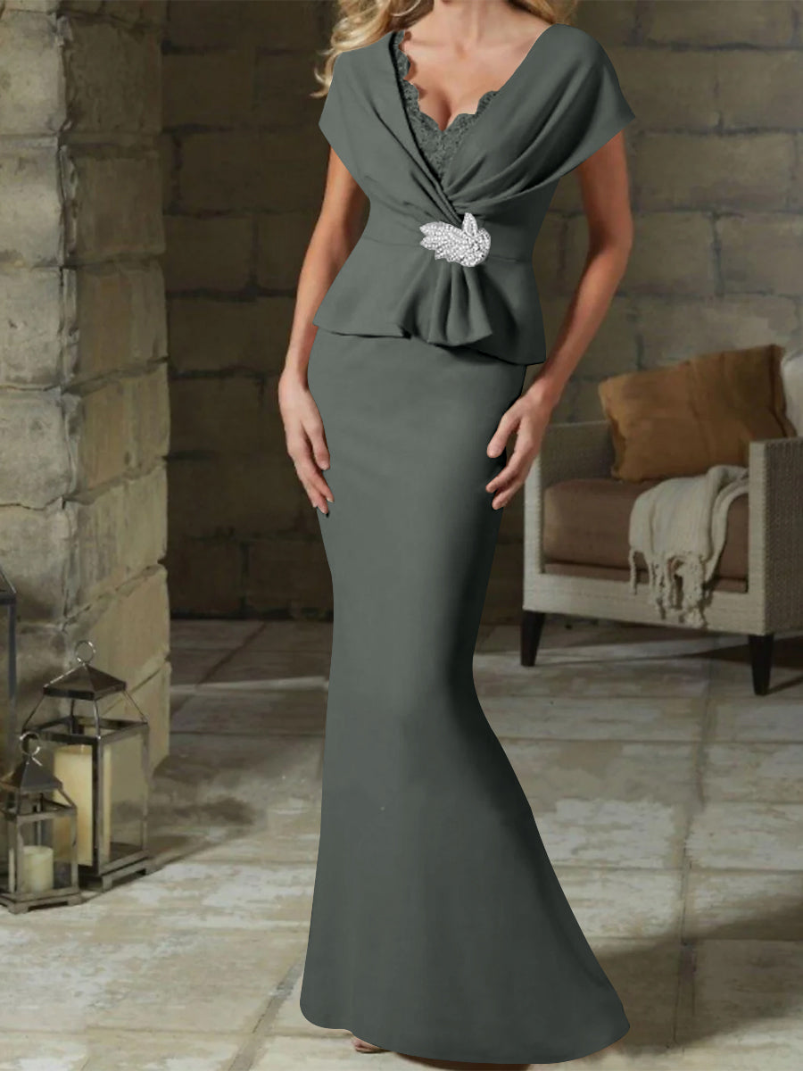V-Neck Belted Mother of the Bride Sheath/Column Dresses
