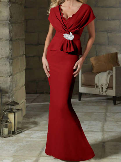 V-Neck Belted Mother of the Bride Sheath/Column Dresses