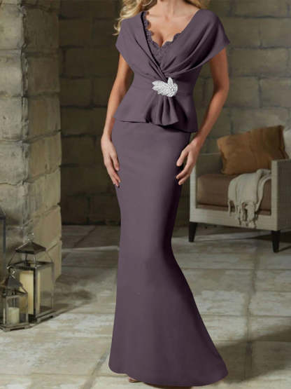 V-Neck Belted Mother of the Bride Sheath/Column Dresses