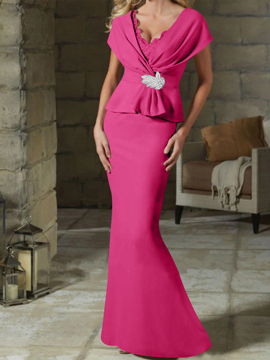V-Neck Belted Mother of the Bride Sheath/Column Dresses