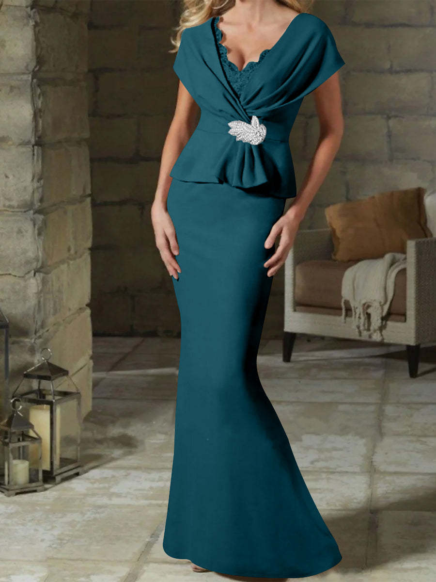 V-Neck Belted Mother of the Bride Sheath/Column Dresses