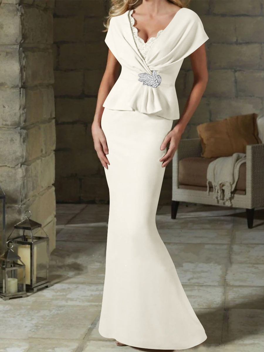 V-Neck Belted Mother of the Bride Sheath/Column Dresses