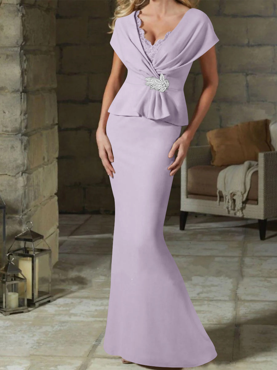 V-Neck Belted Mother of the Bride Sheath/Column Dresses