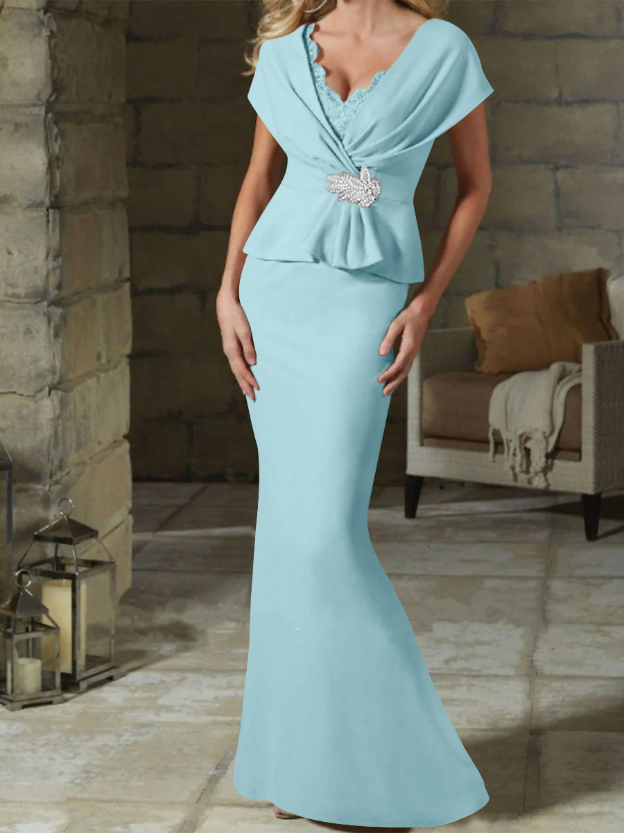 V-Neck Belted Mother of the Bride Sheath/Column Dresses