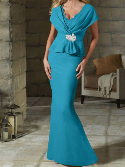 V-Neck Belted Mother of the Bride Sheath/Column Dresses