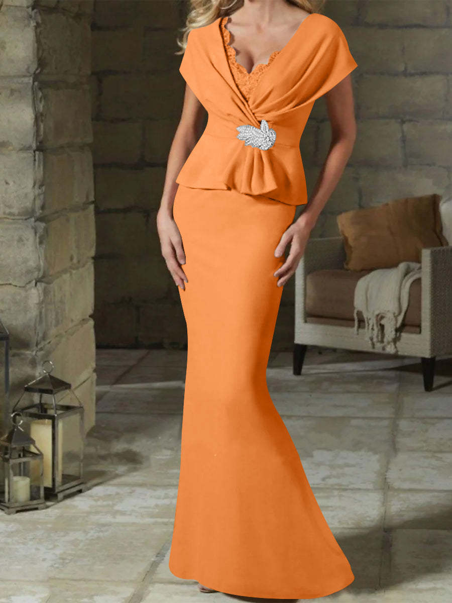 V-Neck Belted Mother of the Bride Sheath/Column Dresses