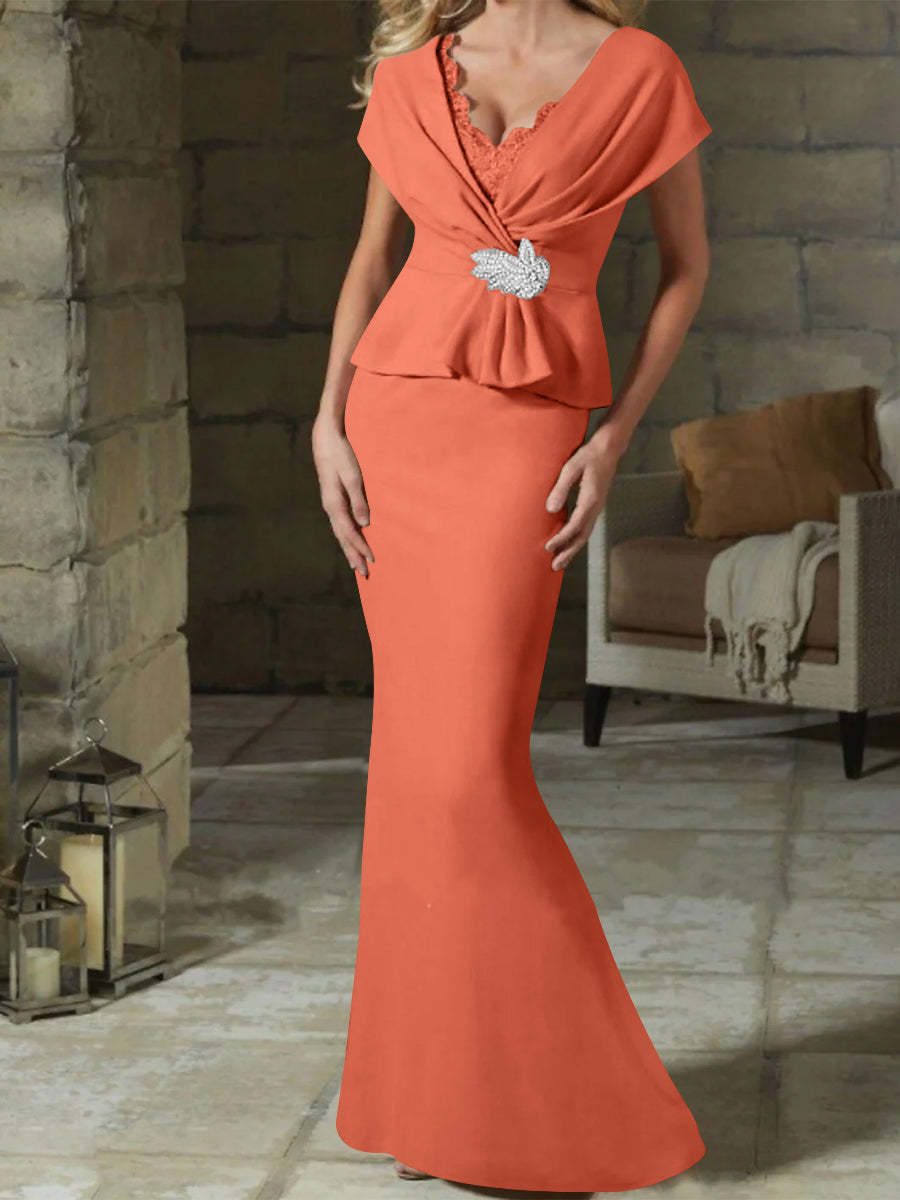V-Neck Belted Mother of the Bride Sheath/Column Dresses