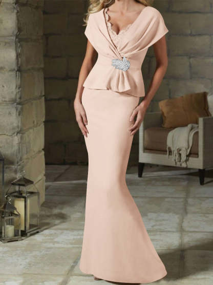 V-Neck Belted Mother of the Bride Sheath/Column Dresses
