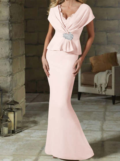 V-Neck Belted Mother of the Bride Sheath/Column Dresses