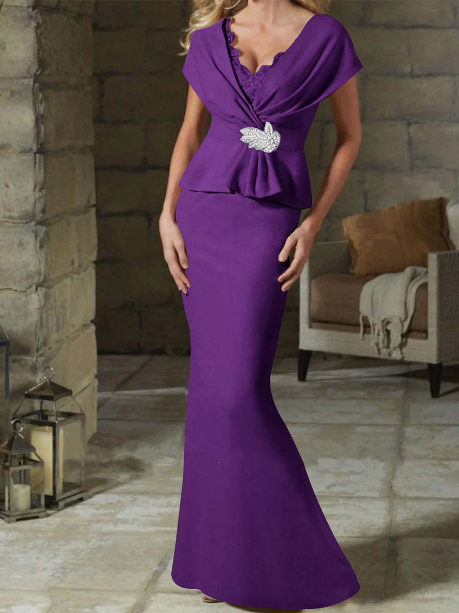 V-Neck Belted Mother of the Bride Sheath/Column Dresses