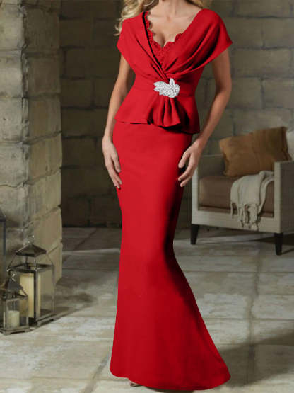 V-Neck Belted Mother of the Bride Sheath/Column Dresses