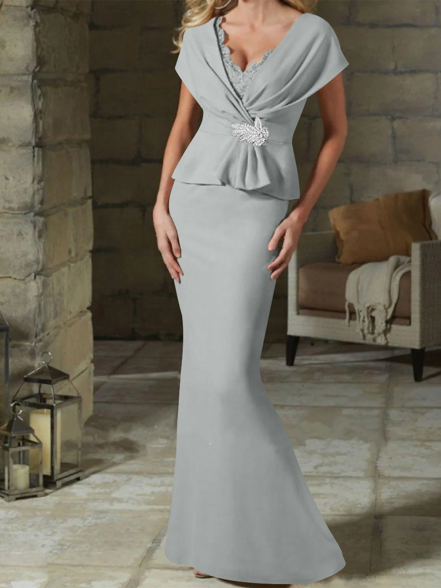 V-Neck Belted Mother of the Bride Sheath/Column Dresses