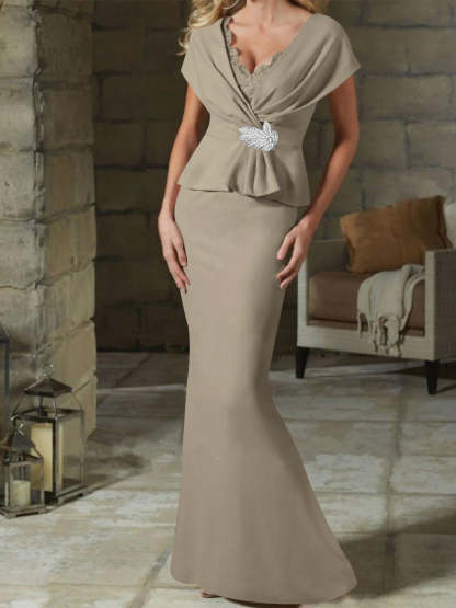 V-Neck Belted Mother of the Bride Sheath/Column Dresses