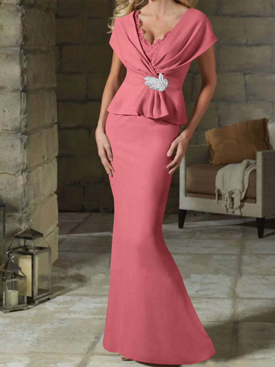 V-Neck Belted Mother of the Bride Sheath/Column Dresses