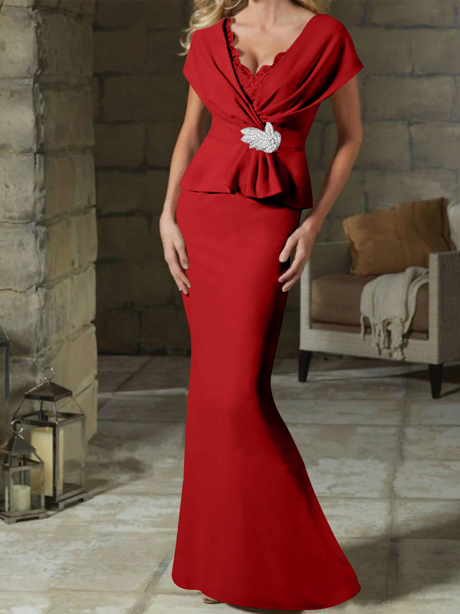 V-Neck Belted Mother of the Bride Sheath/Column Dresses