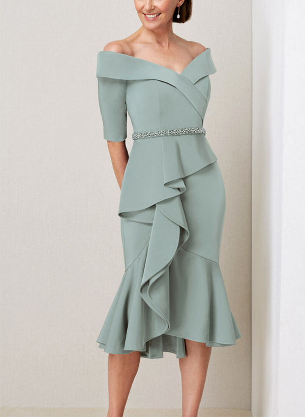 Off-the-Shoulder Beaded and Ruffled Mother of the Bride Sheath Dress with Half Sleeves