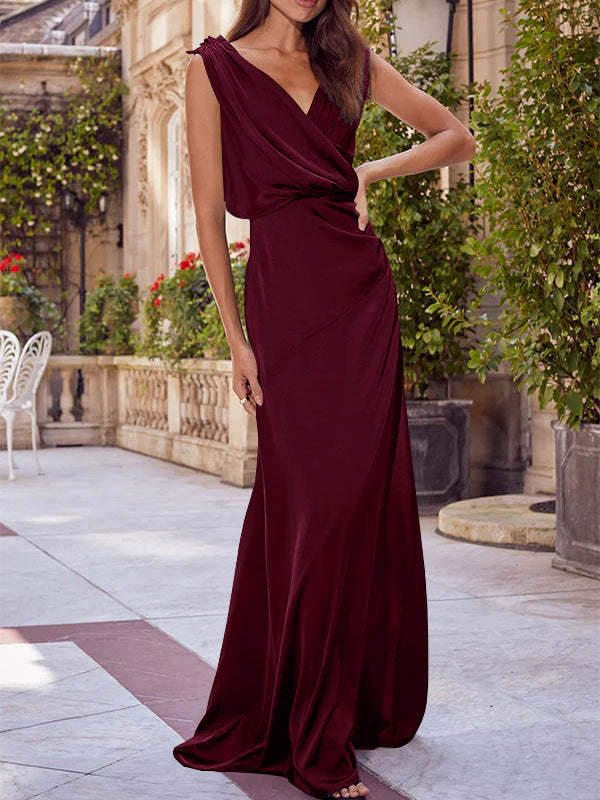 V-Neck Sleeveless Floor-Length A-Line Princess Gown for the Mother of the Bride with Ruched Details