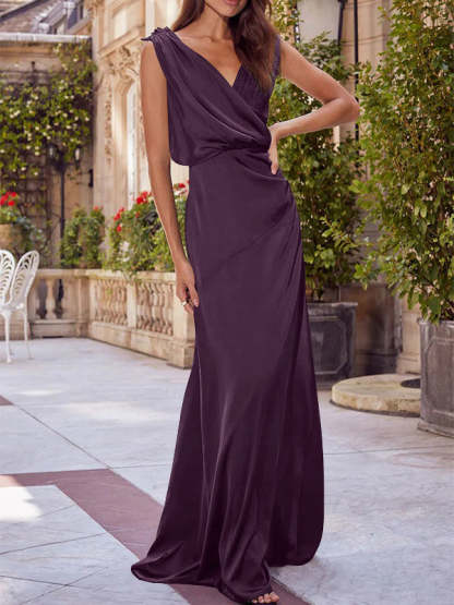 V-Neck Sleeveless Floor-Length A-Line Princess Gown for the Mother of the Bride with Ruched Details