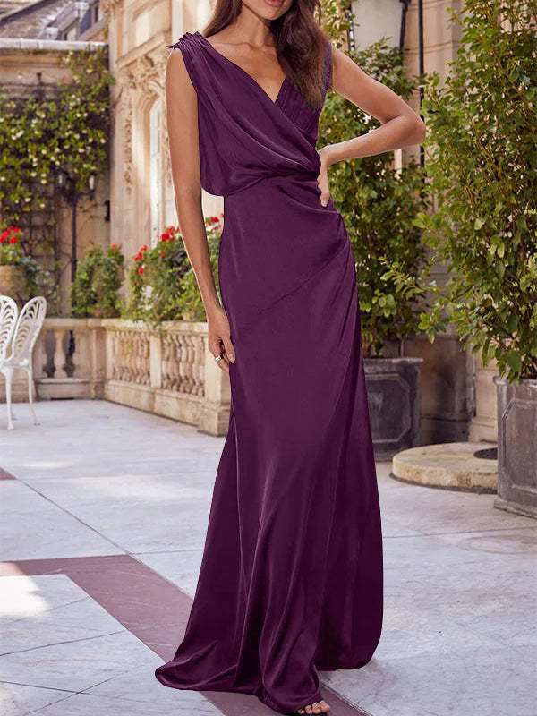 V-Neck Sleeveless Floor-Length A-Line Princess Gown for the Mother of the Bride with Ruched Details