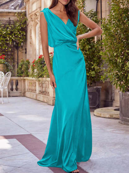 V-Neck Sleeveless Floor-Length A-Line Princess Gown for the Mother of the Bride with Ruched Details