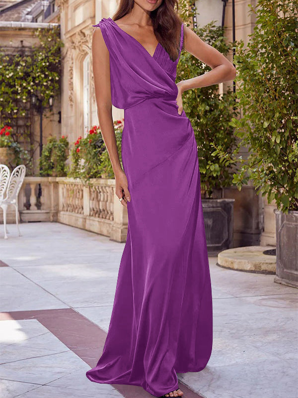 V-Neck Sleeveless Floor-Length A-Line Princess Gown for the Mother of the Bride with Ruched Details