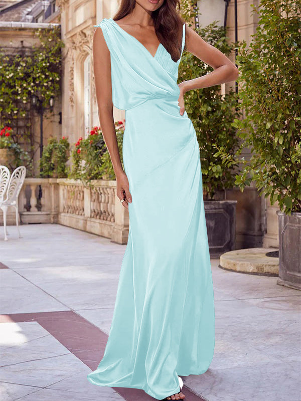 V-Neck Sleeveless Floor-Length A-Line Princess Gown for the Mother of the Bride with Ruched Details