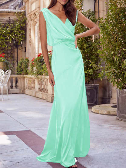 V-Neck Sleeveless Floor-Length A-Line Princess Gown for the Mother of the Bride with Ruched Details