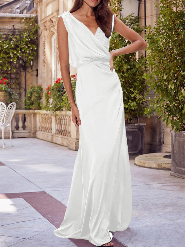 V-Neck Sleeveless Floor-Length A-Line Princess Gown for the Mother of the Bride with Ruched Details