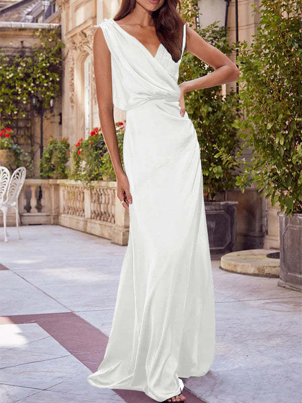 V-Neck Sleeveless Floor-Length A-Line Princess Gown for the Mother of the Bride with Ruched Details