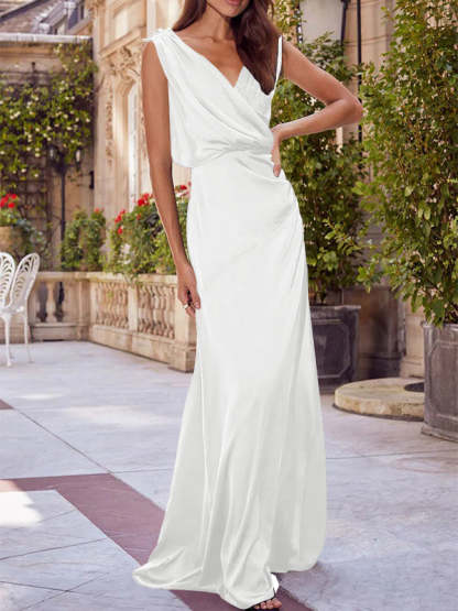 V-Neck Sleeveless Floor-Length A-Line Princess Gown for the Mother of the Bride with Ruched Details