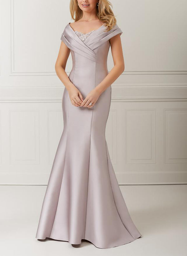 Off-the-Shoulder Satin Mother of the Bride Trumpet/Mermaid Dresses Featuring Applique & Beading