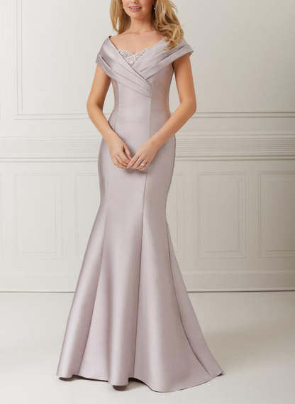 Off-the-Shoulder Satin Mother of the Bride Trumpet/Mermaid Dresses Featuring Applique & Beading