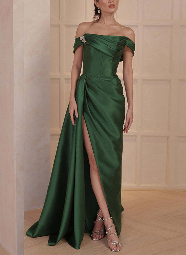 Off-the-Shoulder Satin A-Line Mother of the Bride Dresses with Side Split