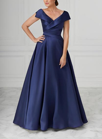 V-Neck Satin A-Line Mother of the Bride Dresses with Ruched Princess Details