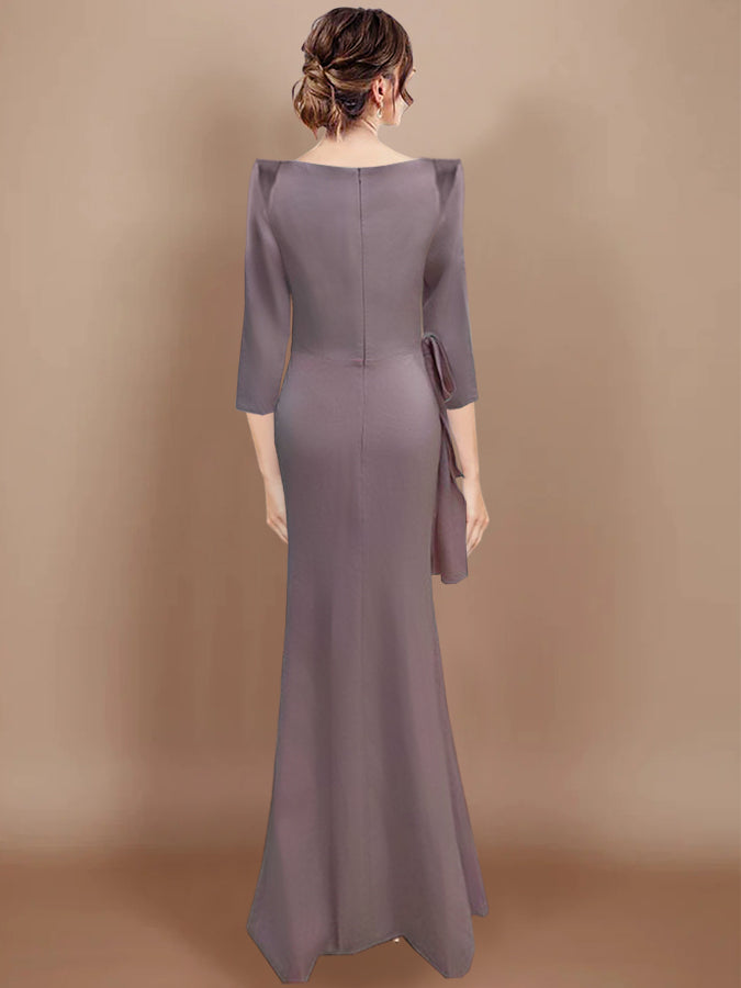 Floor-Length Mother of the Bride Dress with Bow and 3/4 Sleeves in Sheath/Column Style