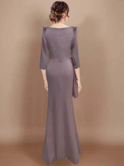 Floor-Length Plus Size Mother of the Bride Dress with Bow and 3/4 Sleeves