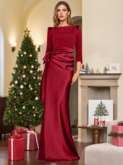 Floor-Length Mother of the Bride Dress with Bow and 3/4 Sleeves