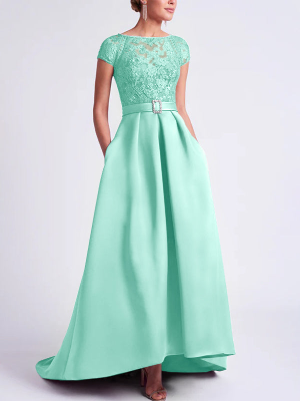 Asymmetrical Scoop Neck A-Line Mother of the Bride Dress with Short Sleeves