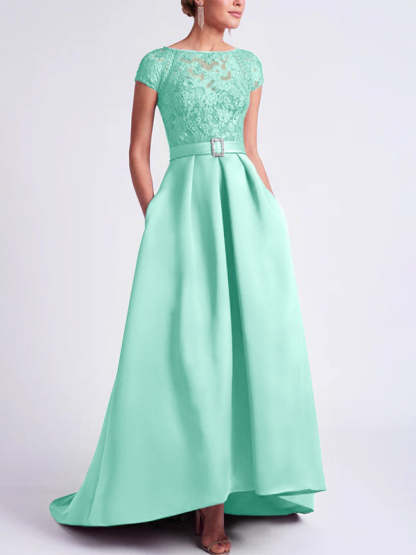 Asymmetrical Scoop Neck A-Line Mother of the Bride Dress with Short Sleeves