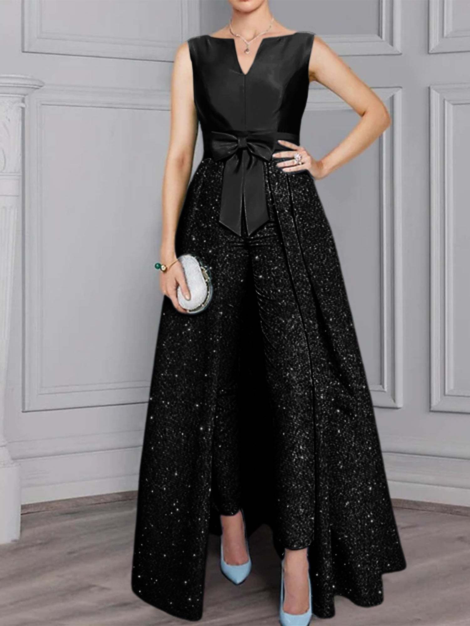 Long-Sleeve Mother of the Bride Pantsuit Set with Sash and Sequins 2-Piece