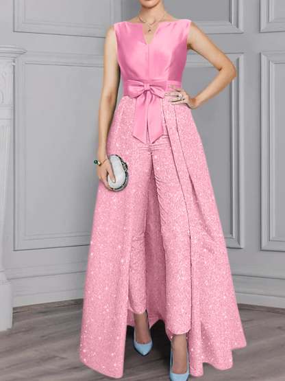 Long-Sleeve Mother of the Bride Pantsuit Set with Sash and Sequins 2-Piece