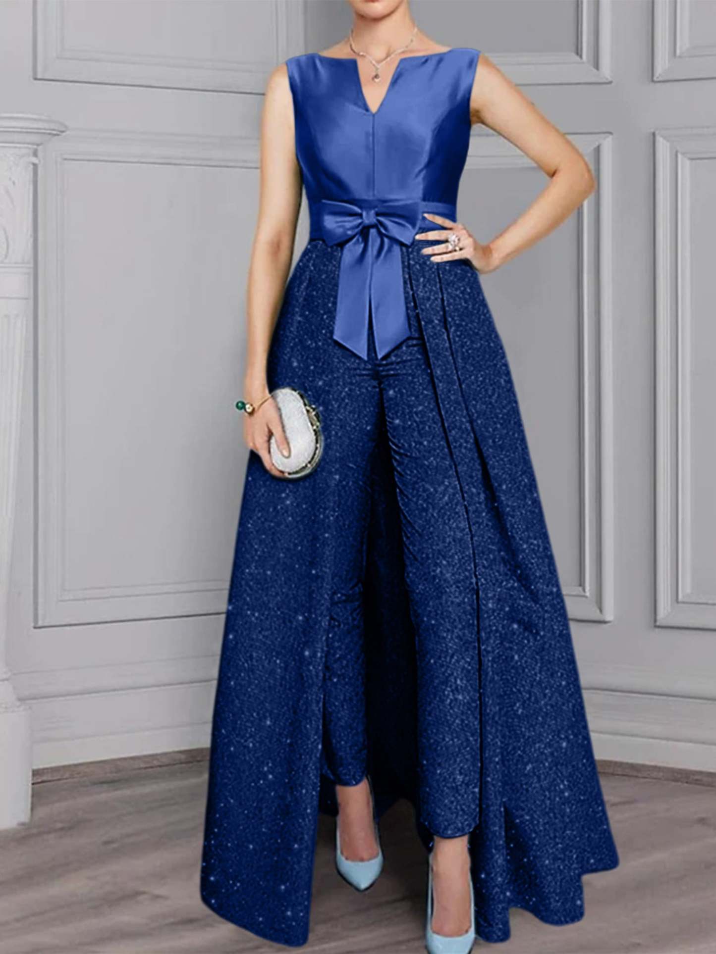 Long-Sleeve Mother of the Bride Pantsuit Set with Sash and Sequins 2-Piece