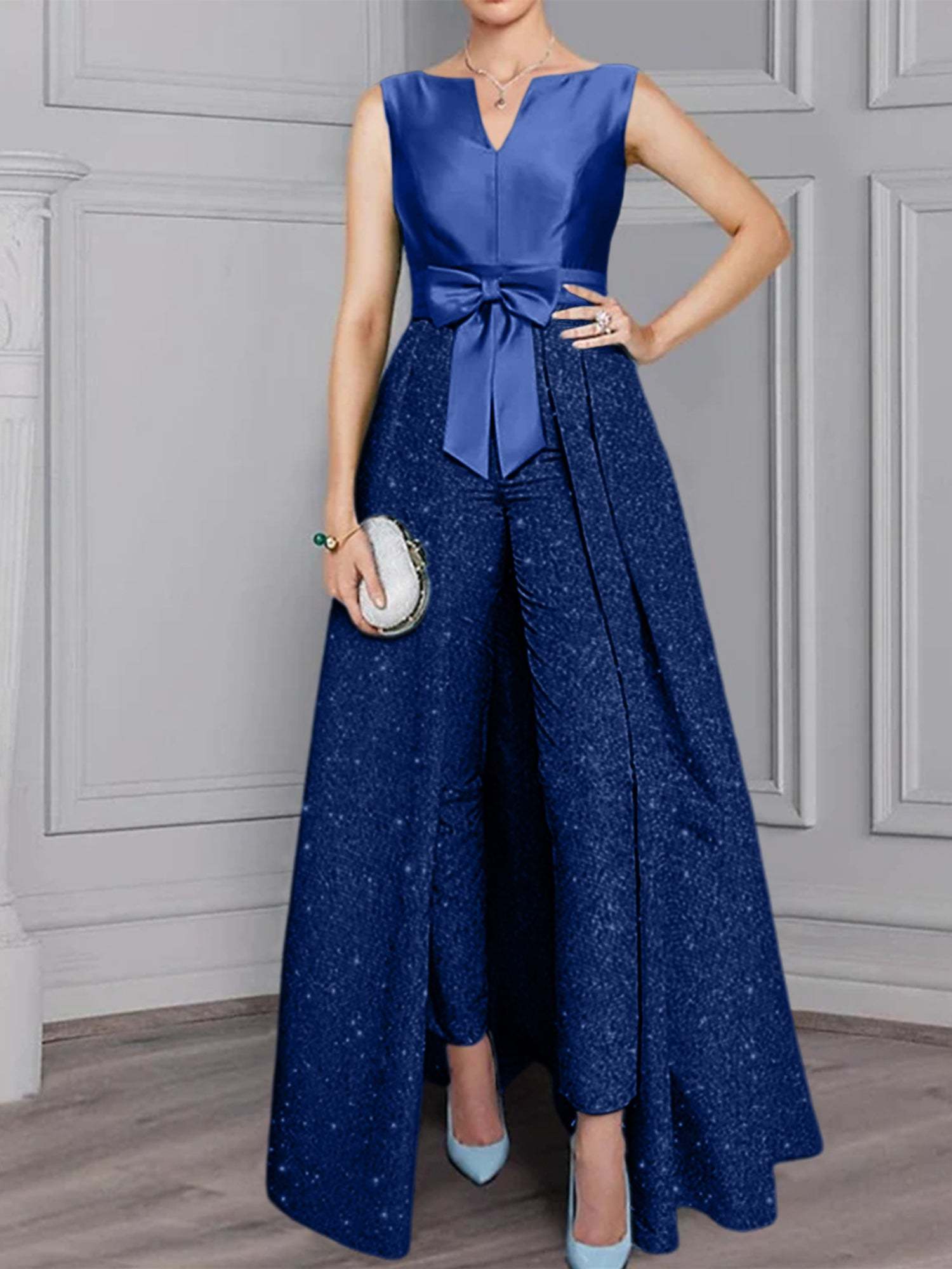 Long-Sleeve Mother of the Bride Pantsuit Set with Sash and Sequins 2-Piece
