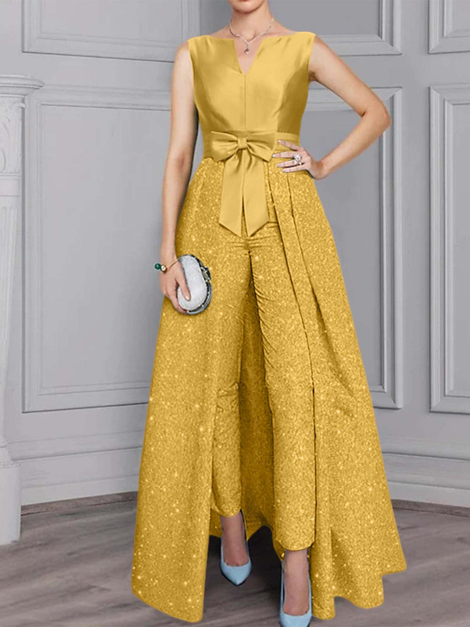 Long-Sleeve Mother of the Bride Pantsuit Set with Sash and Sequins 2-Piece