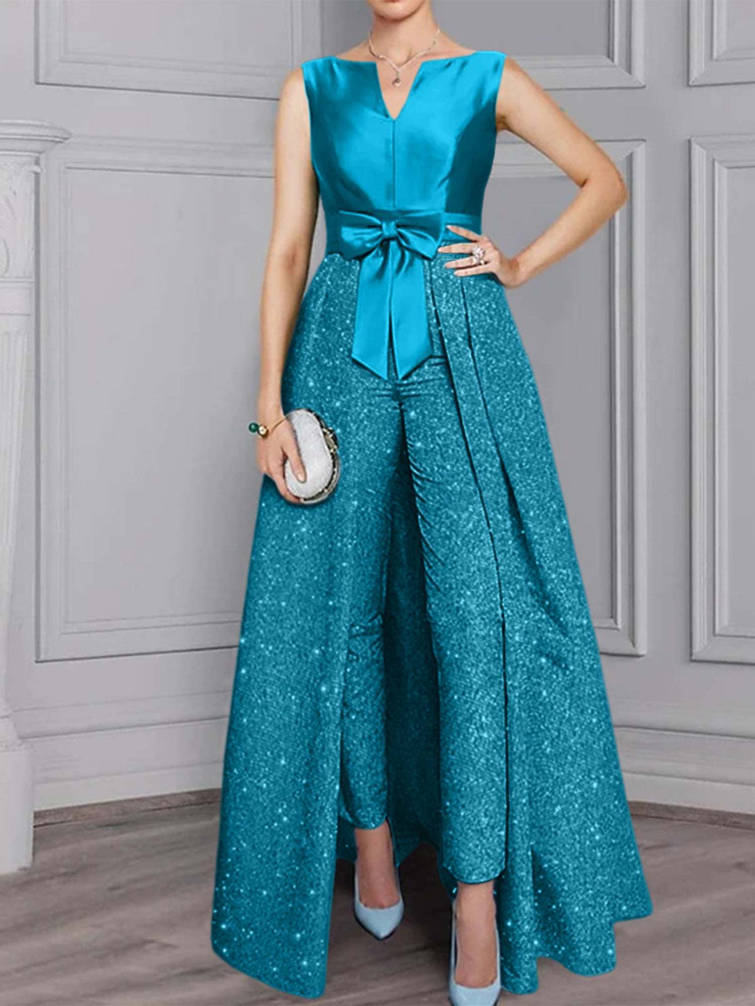 Long-Sleeve Mother of the Bride Pantsuit Set with Sash and Sequins 2-Piece