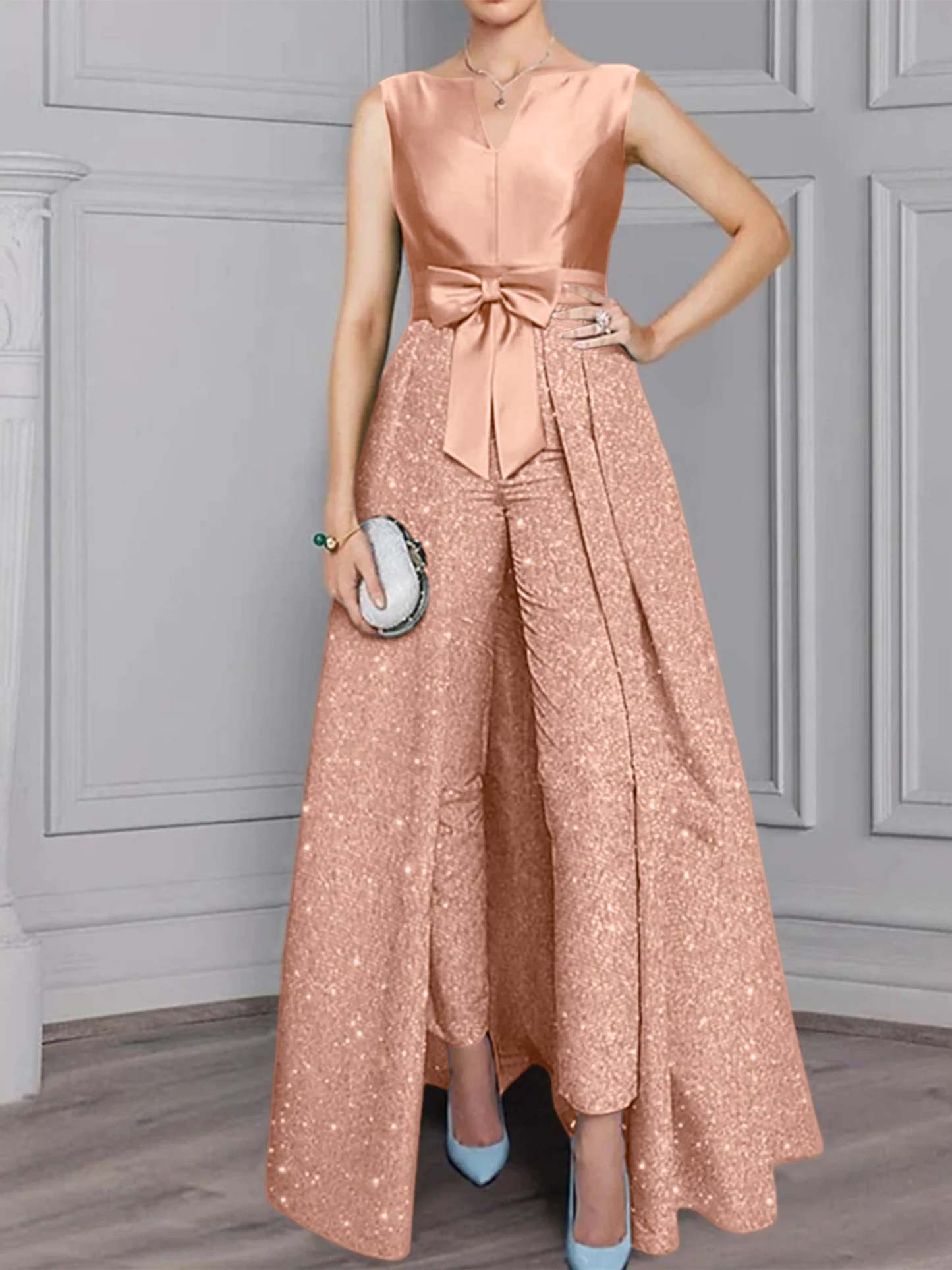 Long-Sleeve Mother of the Bride Pantsuit Set with Sash and Sequins 2-Piece