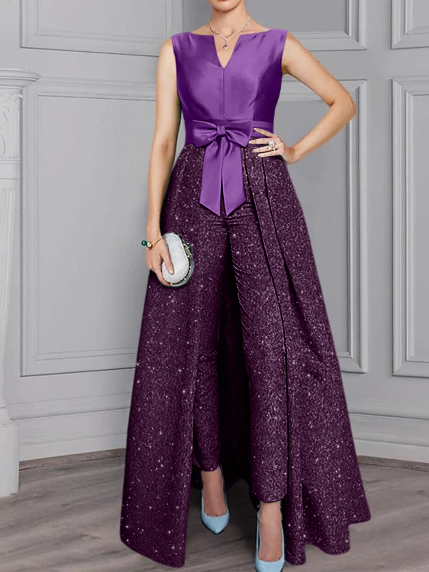Long-Sleeve Mother of the Bride Pantsuit Set with Sash and Sequins 2-Piece