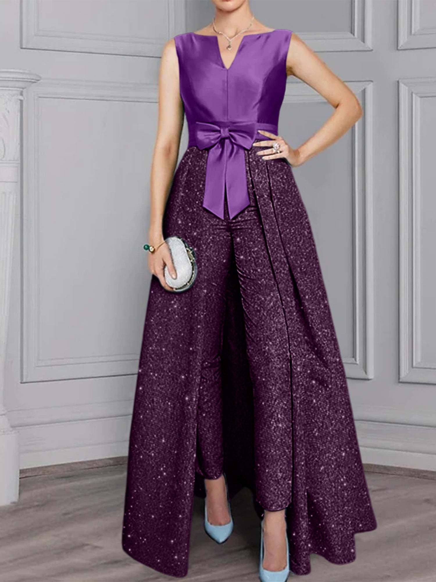 Long-Sleeve Mother of the Bride Pantsuit Set with Sash and Sequins 2-Piece