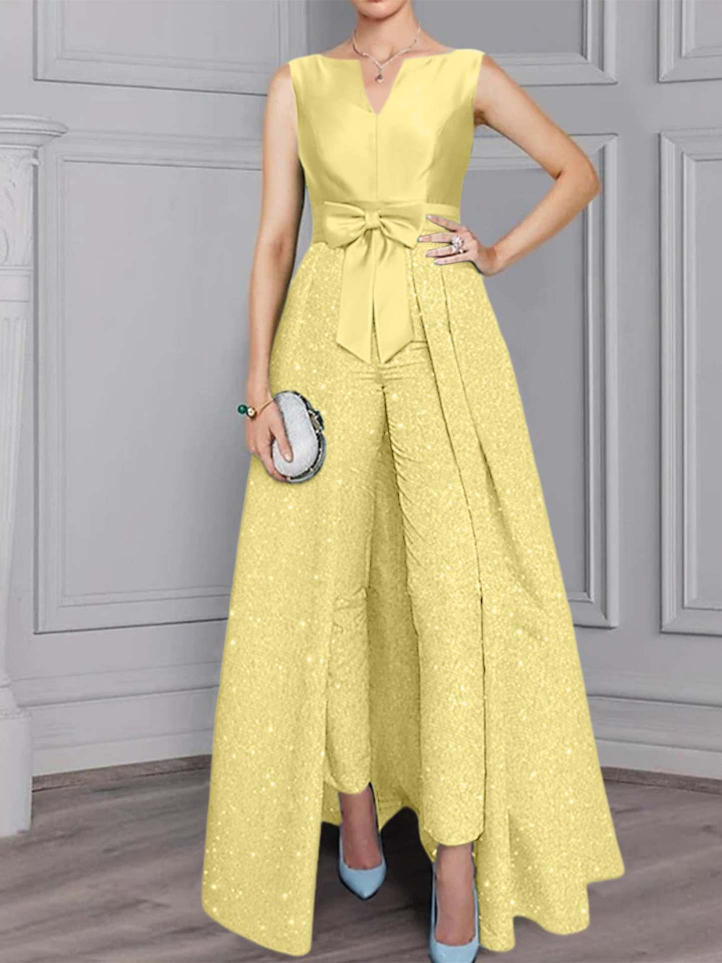 Long-Sleeve Mother of the Bride Pantsuit Set with Sash and Sequins 2-Piece