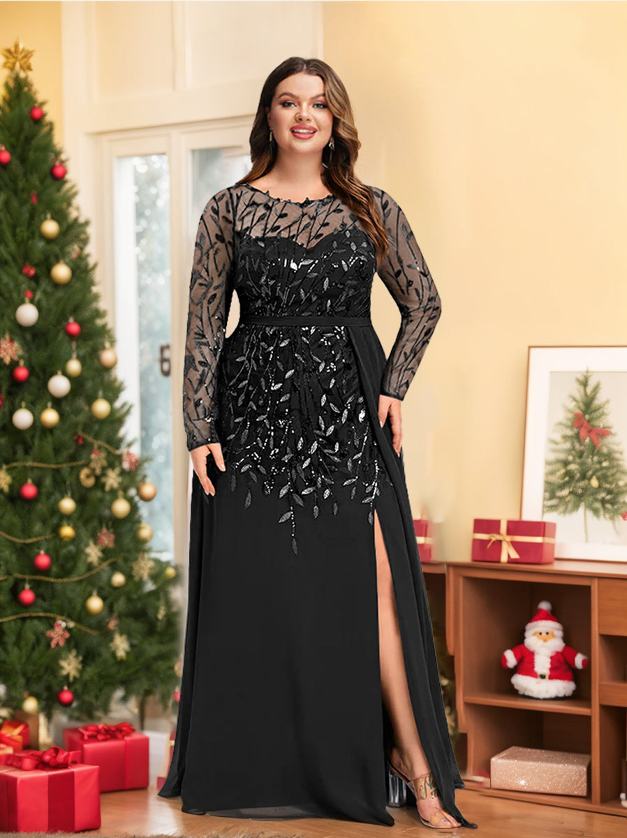 Plus Size Floor-Length Mother of the Bride A-Line Dress with Scoop Neck Long Sleeves Side Split Ruffles & Sequins-BMbridal.UK